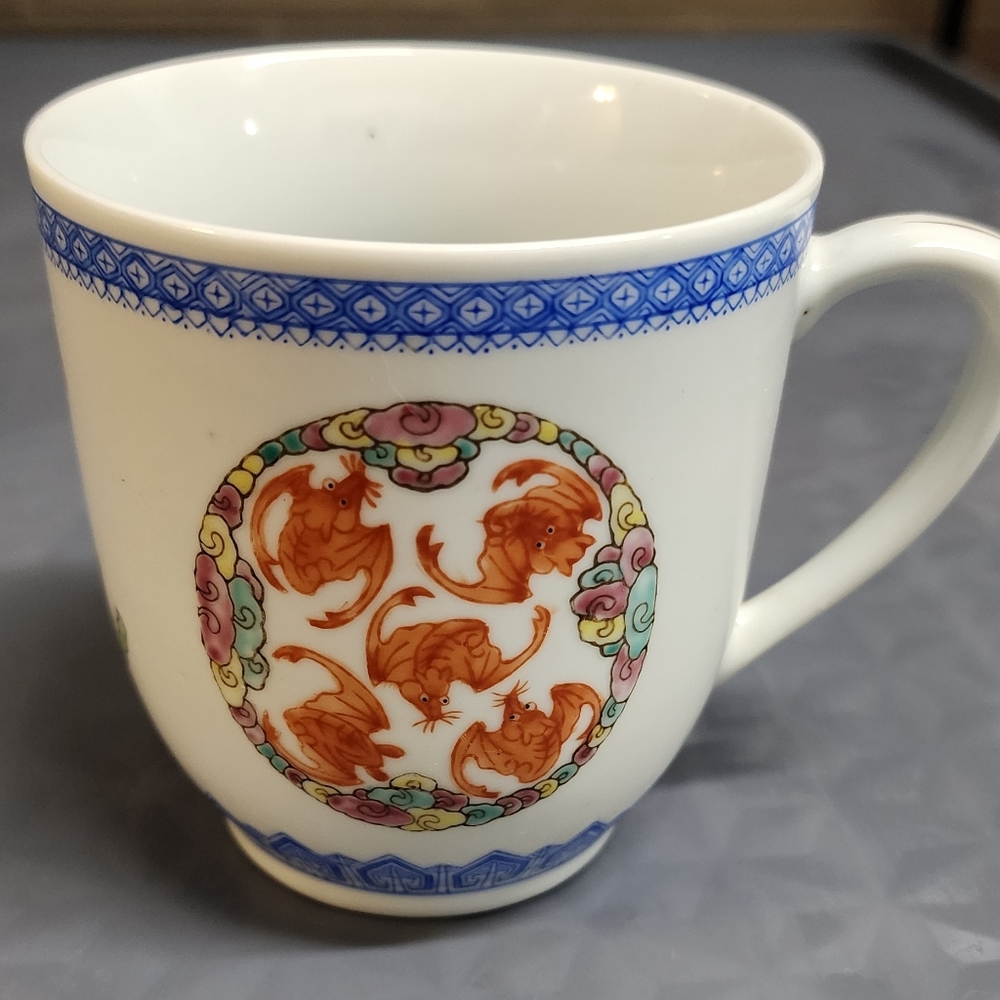 Vintage Chinese tea mug red bat (fu) pattern good fortune and happiness